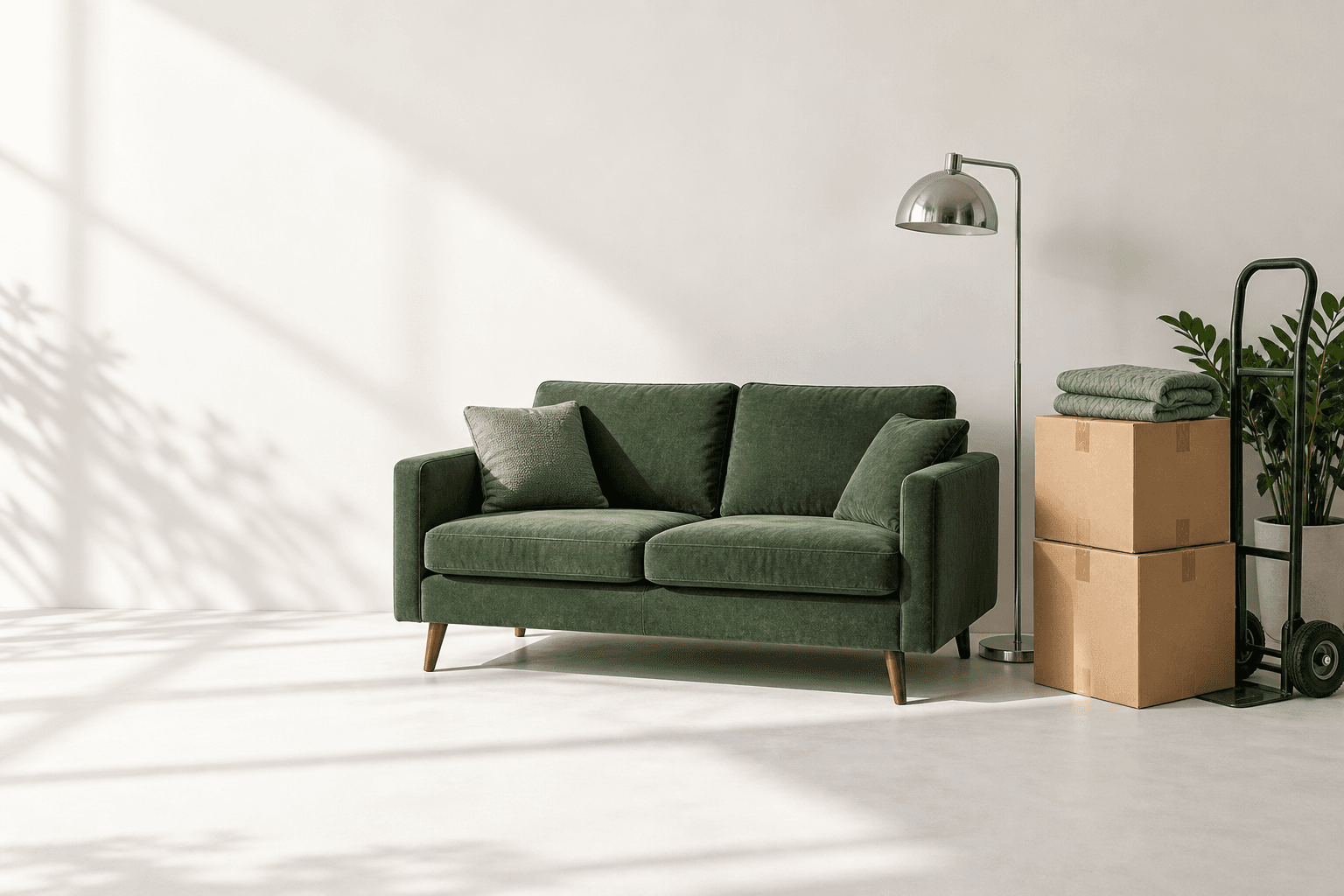 A green sofa, moving boxes, and a hand dolly arranged for a pickup